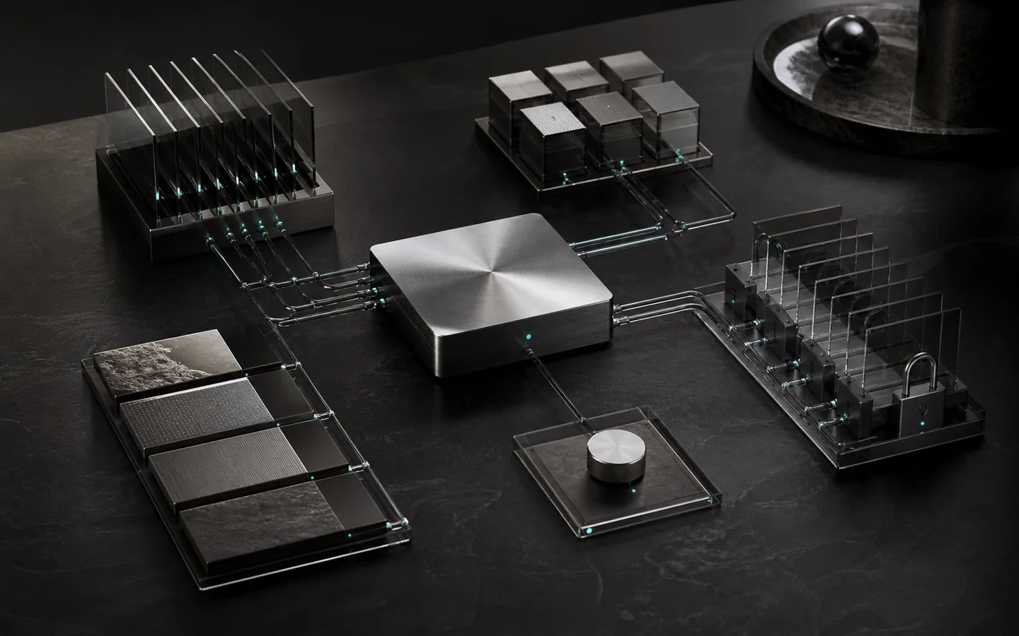 A central brushed-metal module connected to bounded context, task, and control structures
