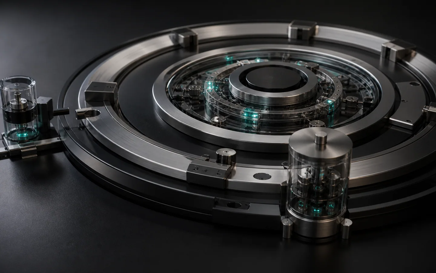 Concentric mechanical control rings with visible checkpoints and restrained teal signals
