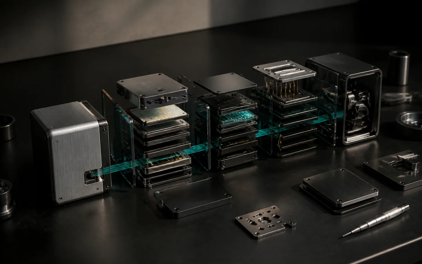 Modular product components assembled in layers around a transparent teal system path