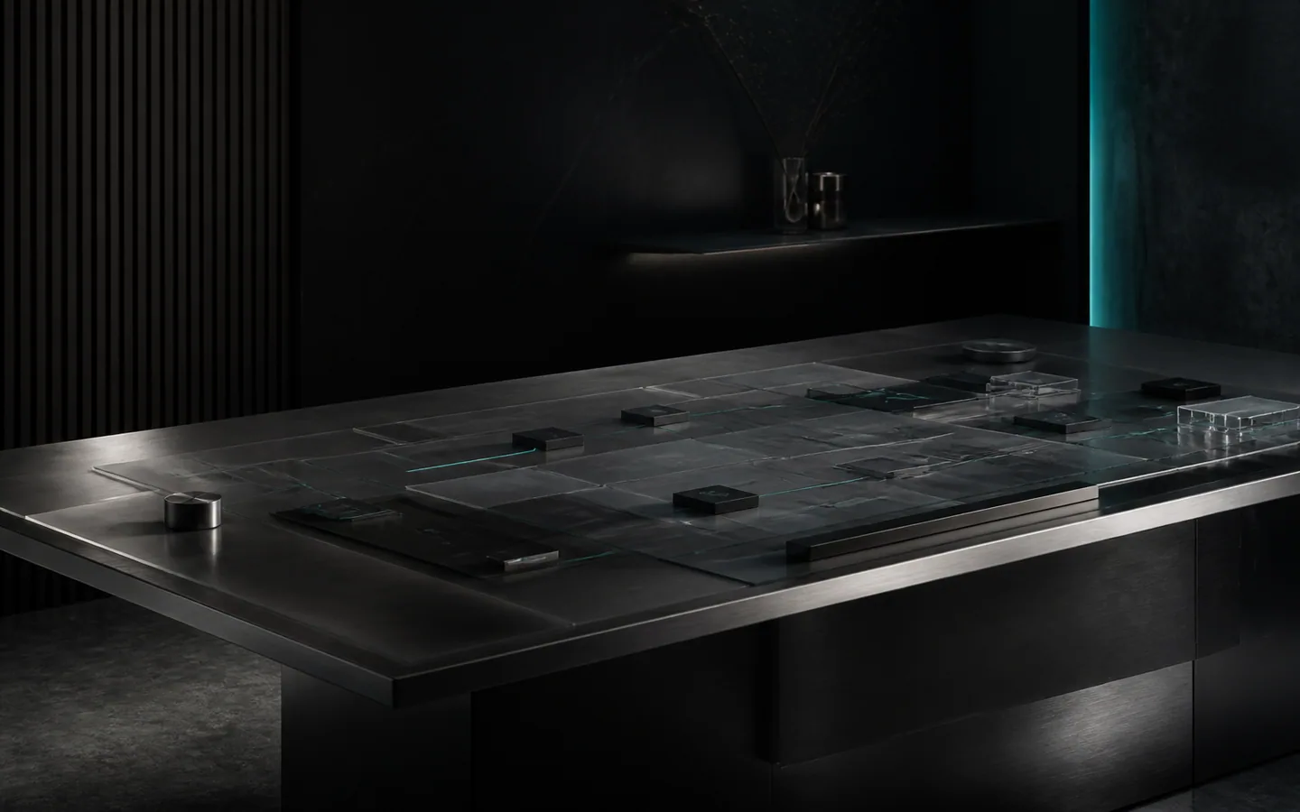 A dark decision table with modular markers arranged across a transparent planning surface